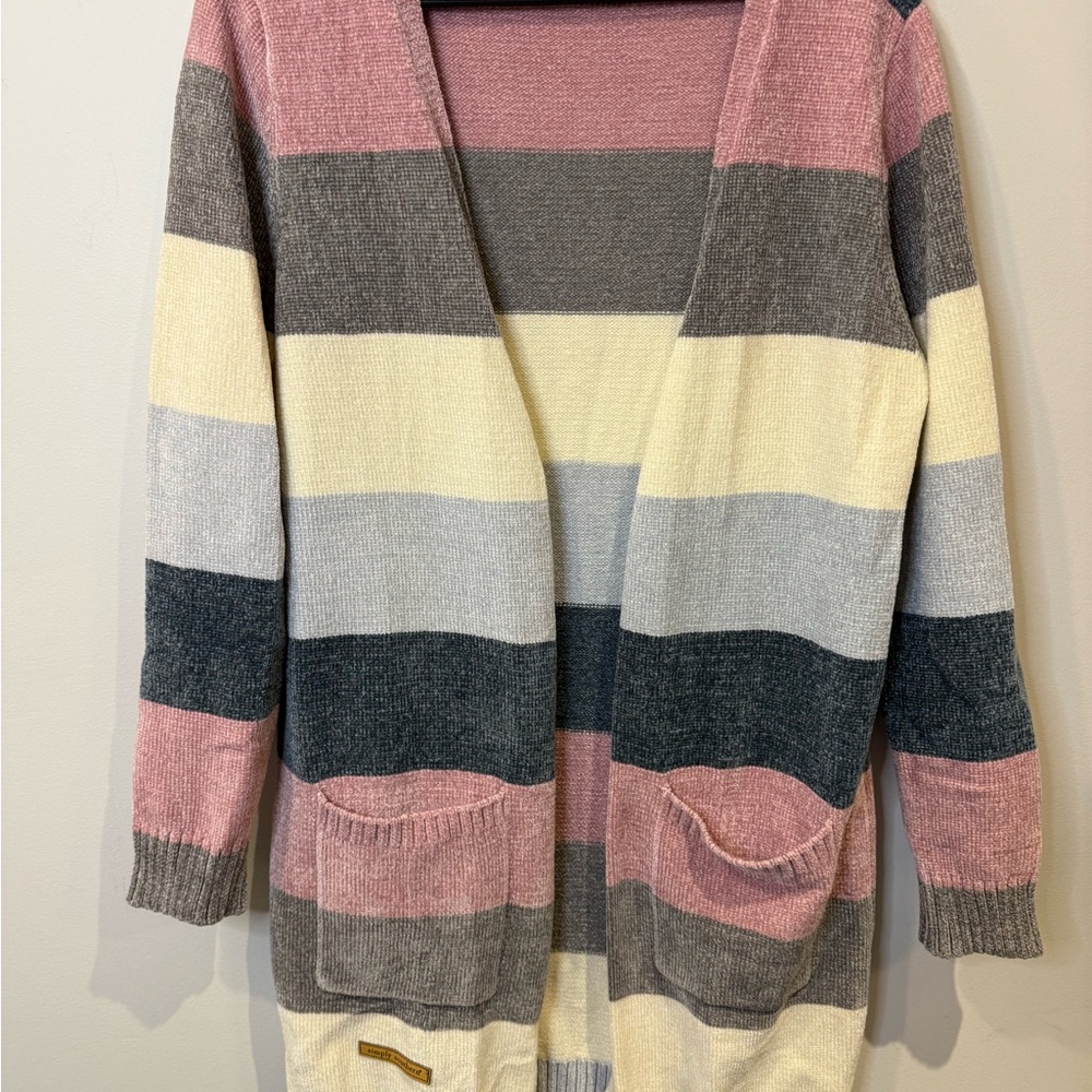 Simply Southern Size Medium Striped Pink and Gray Women's Long Sweater